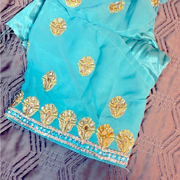 Teal Blue Heavy Lehenga, gold threading with stone and mirror accents - Picture 3 of 9